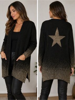 Festive black cardigan with gold star on the back